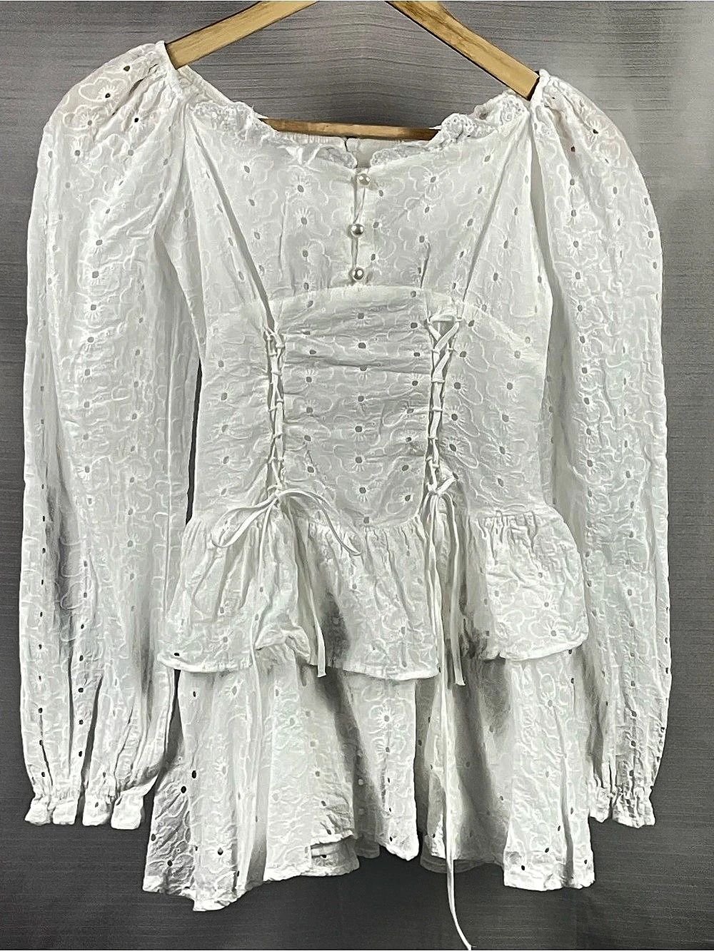 KA MAN White Eyelet Corset Mini Dress | Puff Sleeve Lace-Up Tiered | S/M